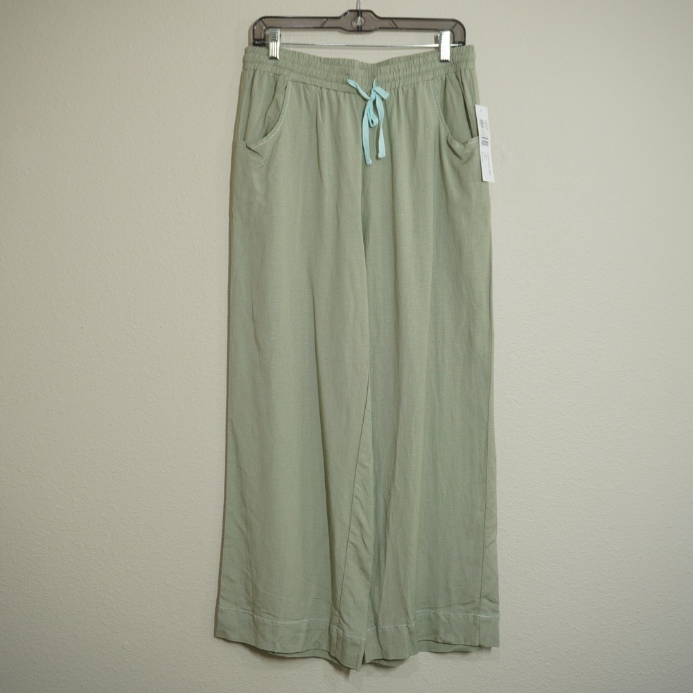 Tribal Size Medium Sage Green Drawstring Pants Linen Rayon Wide Leg Bay Leaf NEW